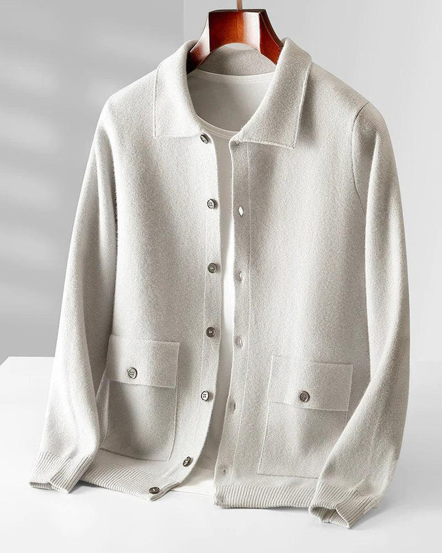 Men's Polo Collar Solid Color Wool Cardigan