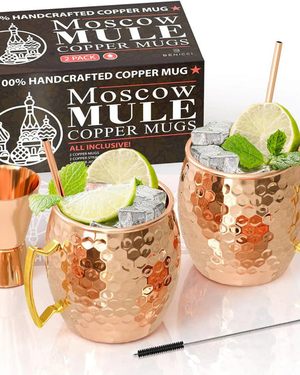Moscow Mule Copper Mugs - Set of 2 - 100% HANDCRAFTED - Food Safe Pure Solid Copper Mugs - 16 oz Gift Set with BONUS - Highest Quality Cocktail Copper