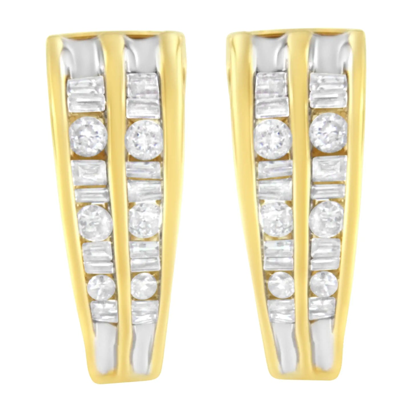 14K Yellow and White Gold 1.0 Cttw Channel Set Round and Baguette Diamond Multi Row Huggy Hoop Earrings (I-J Color, I2-I3 Clarity)