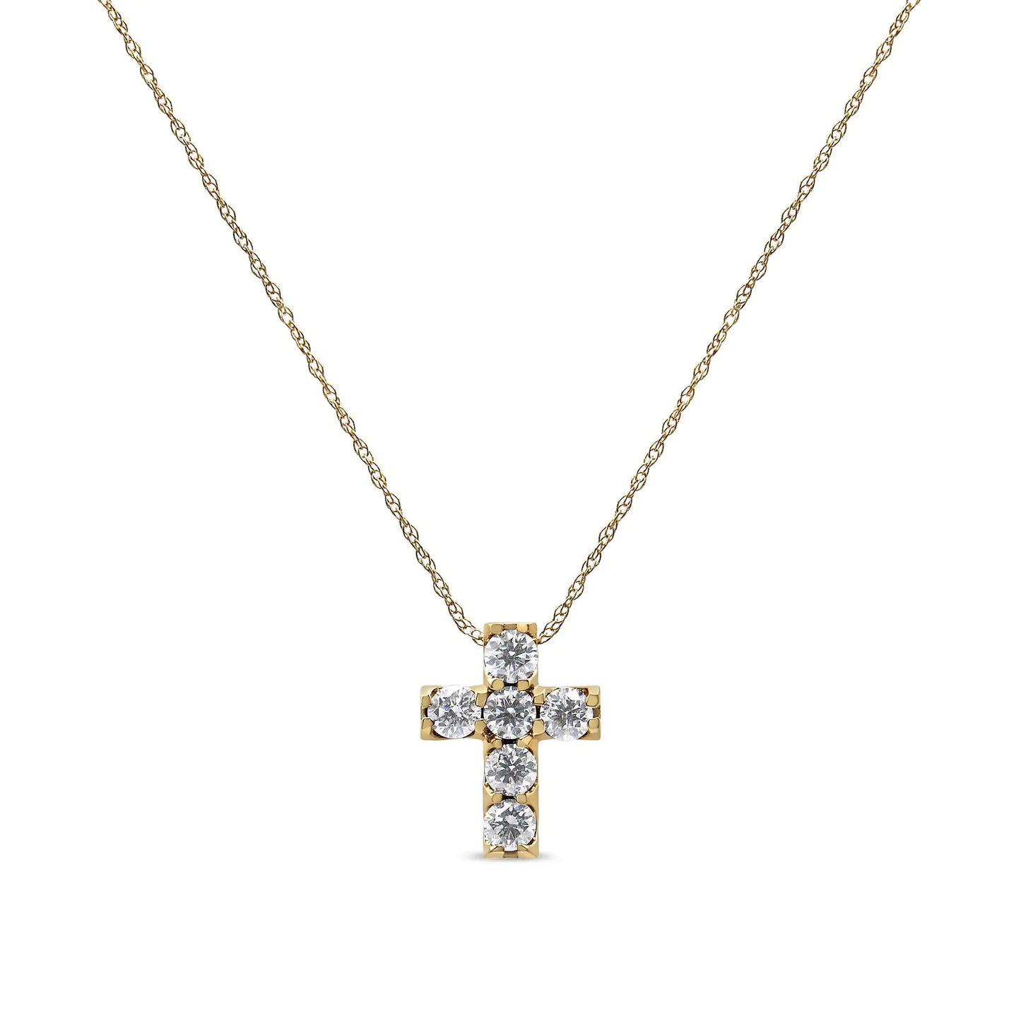 14K Yellow Gold 1/2 Cttw Round Brilliant Cut Diamond Mini Cross 18" Pendant Necklace (J-K Color, VS2-SI1 Clarity)