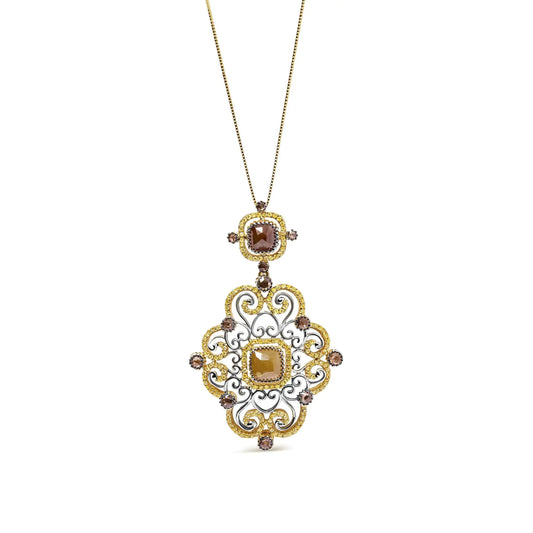 14K White and Yellow Gold 4.0 Cttw Fancy Color Rose Cut Diamond Antique Style 18" Pendant Necklace (Yellow Color, I1-I2 Clarity)