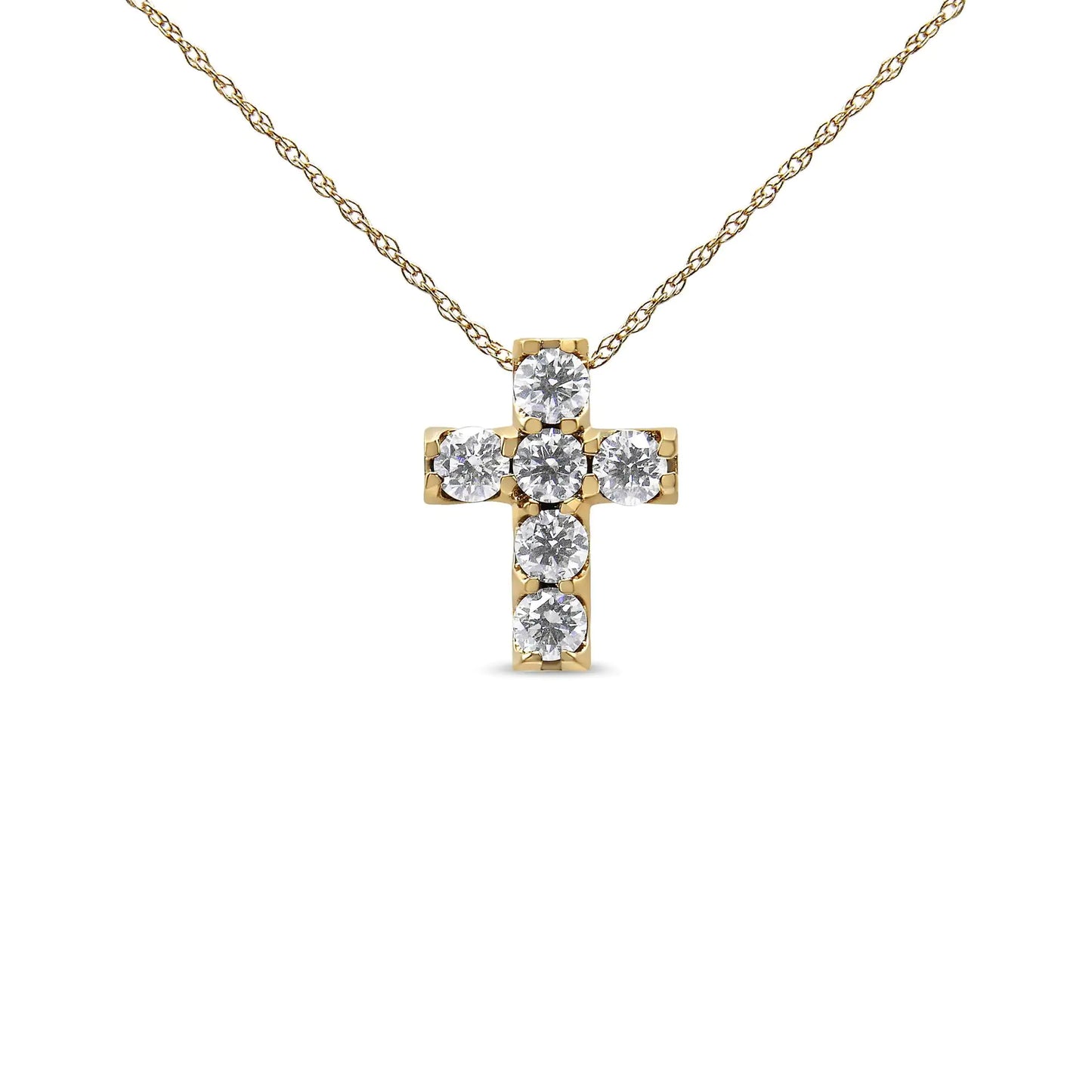 14K Yellow Gold 1/2 Cttw Round Brilliant Cut Diamond Mini Cross 18" Pendant Necklace (J-K Color, VS2-SI1 Clarity)