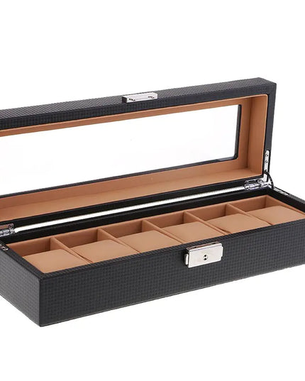 Carbon Fiber 6-Slot Watch Box in Black Leather