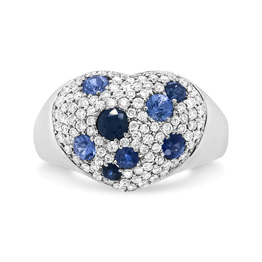 18K White Gold Blue Sapphire and 5/8 Cttw Diamond Cluster Heart Shaped  Ring (F-G Color, VS1-VS2 Clarity)