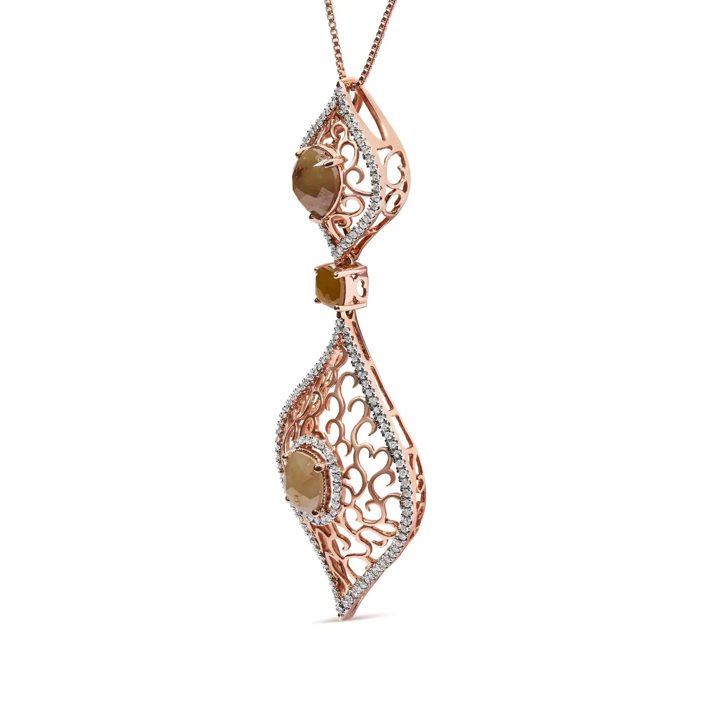 14K Rose Gold 4 5/8 Cttw Rose Cut Diamond and White Diamond Double Floral Rhombus 18" Inch Pendant Necklace (Brown/I-J Color, I1-I2 Clarity)