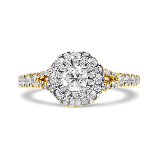 14K Yellow and White Gold 1.00 Cttw Split Shank Halo Floral Diamond Engagement Ring ( I-J Color, I1-I2 Clarity)