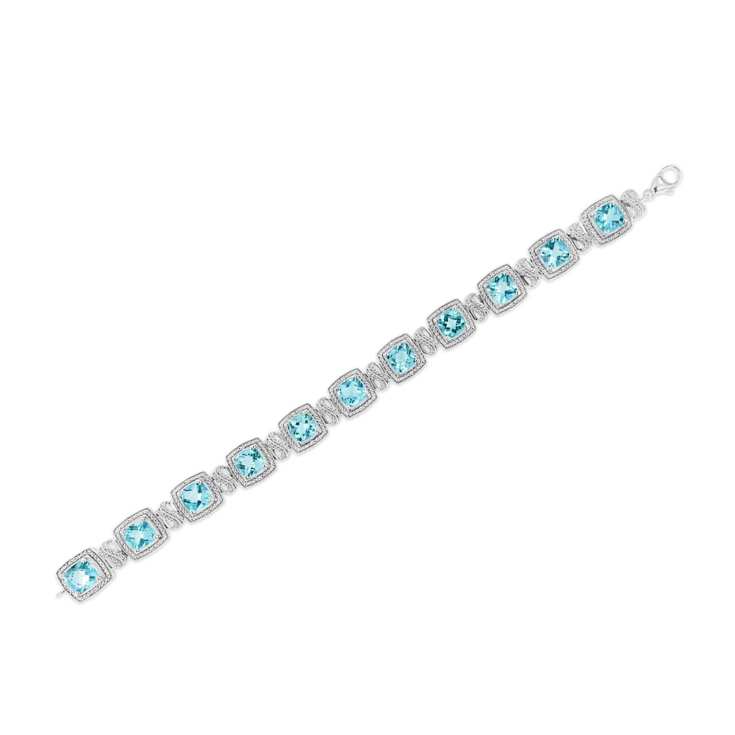 .925 Sterling Silver 7x7 mm Cushion Cut Blue Topaz and 1/10 Ctw Single Cut Diamond Square Shape Tennis Bracelet (I-J Color, I1-I2 Clarity) - 7"