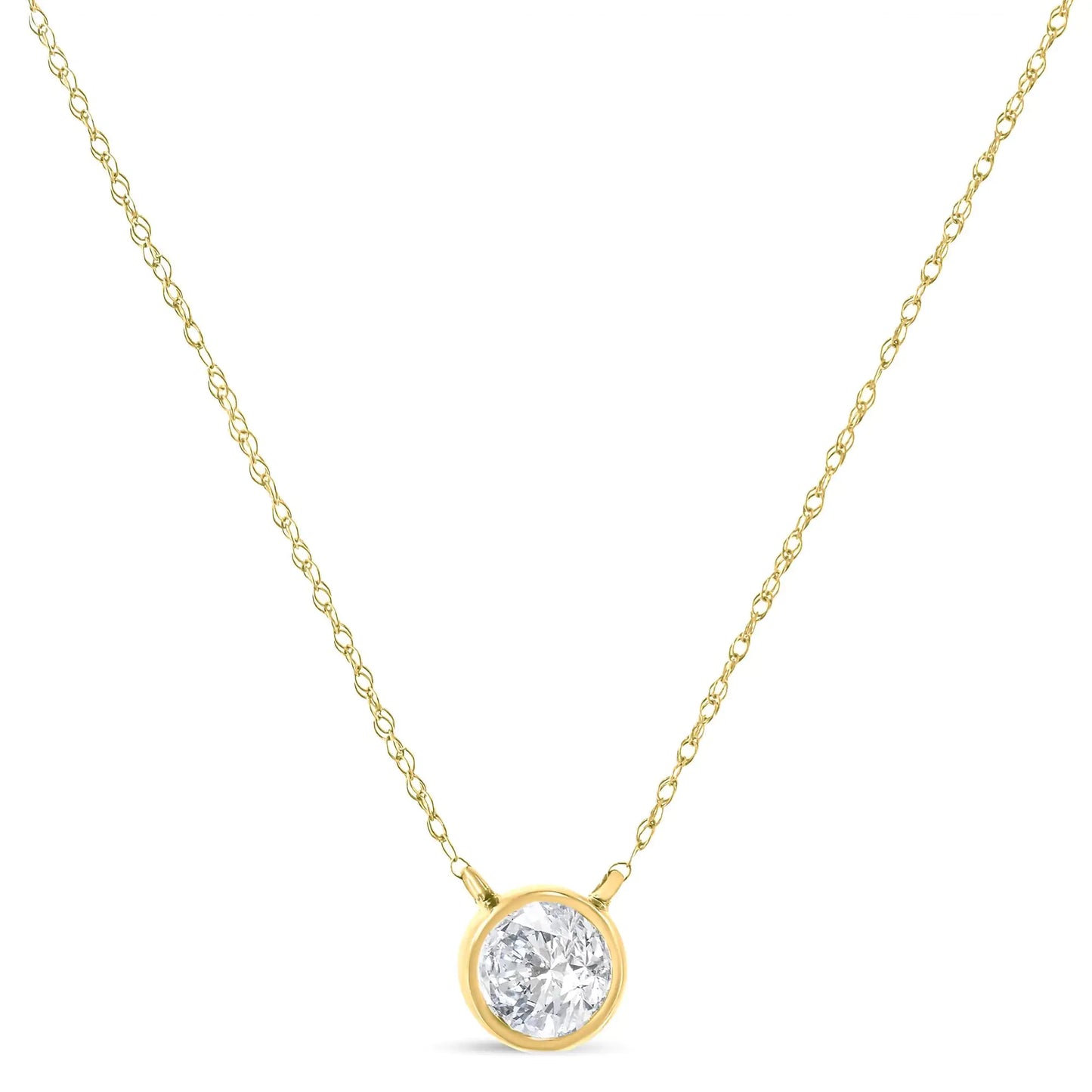 AGS Certified 10K Gold Bezel Set Round Diamond Solitaire 16-18" Adjustable Pendant Necklace (H-I Color, SI1-SI2 Clarity)