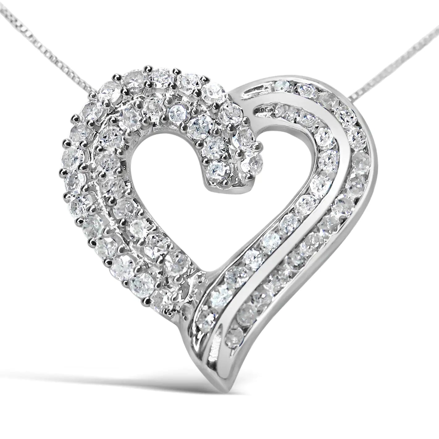 .925 Sterling Silver 1.0 Cttw Prong & Channel-Set Diamond Open work Ribbon Heart Pendant 18" Necklace (I-J Color, I3 Clarity)