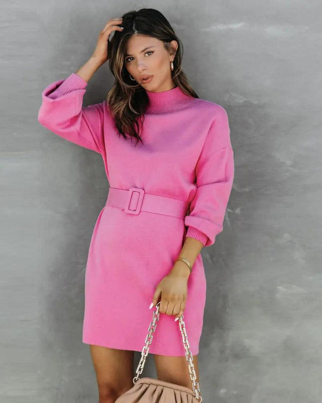 Elegant Turtleneck Sweater Dress with Belt