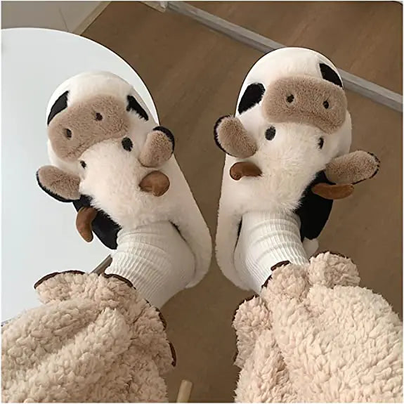 Fluffy Warm Plush Slippers Cartoon Cow