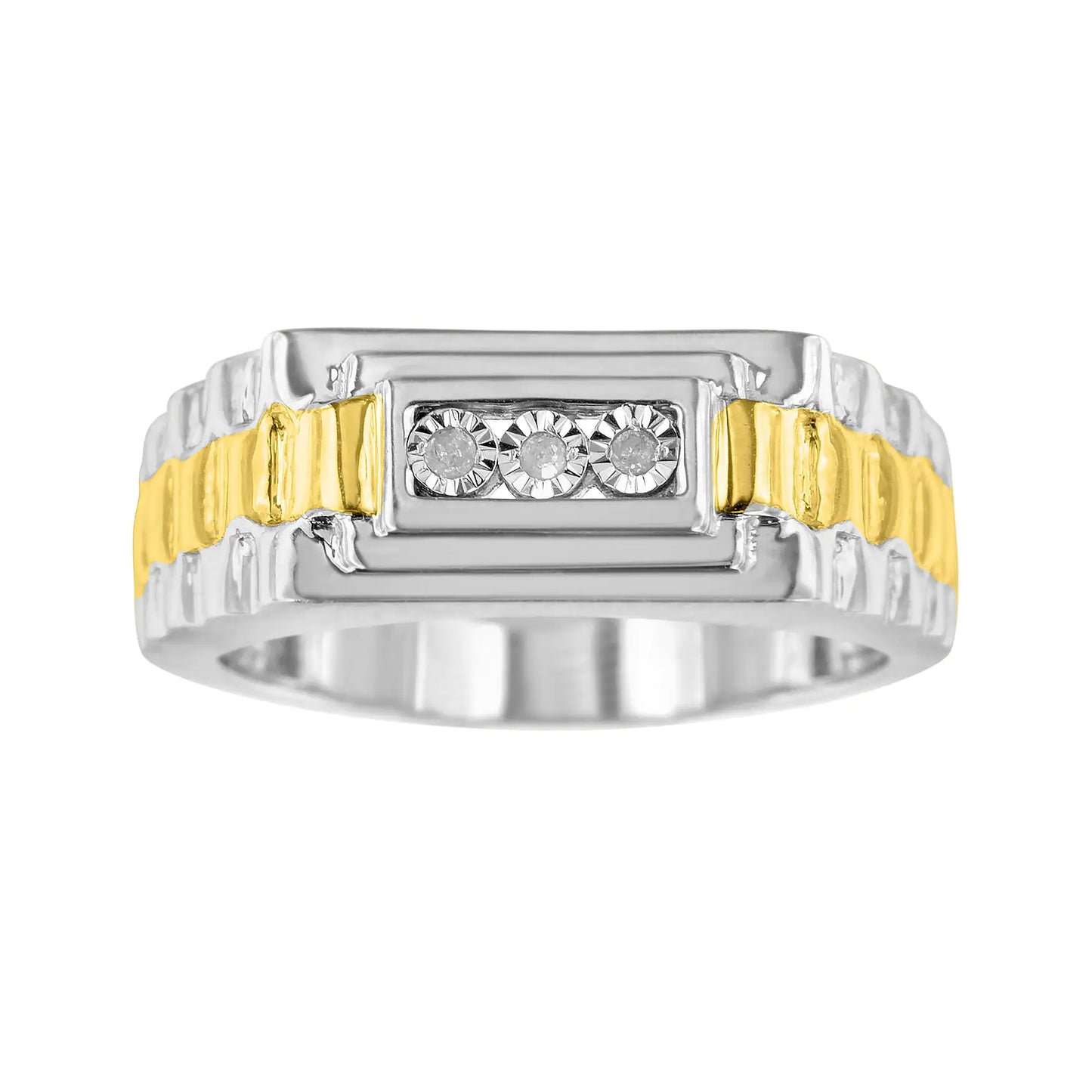 10K Yellow Gold Plated .925 Sterling Silver Diamond Accent Miracle-Set 3 Stone Ridged Band Gentlemen's Fashion Ring (I-J Color, I2-I3 Clarity)