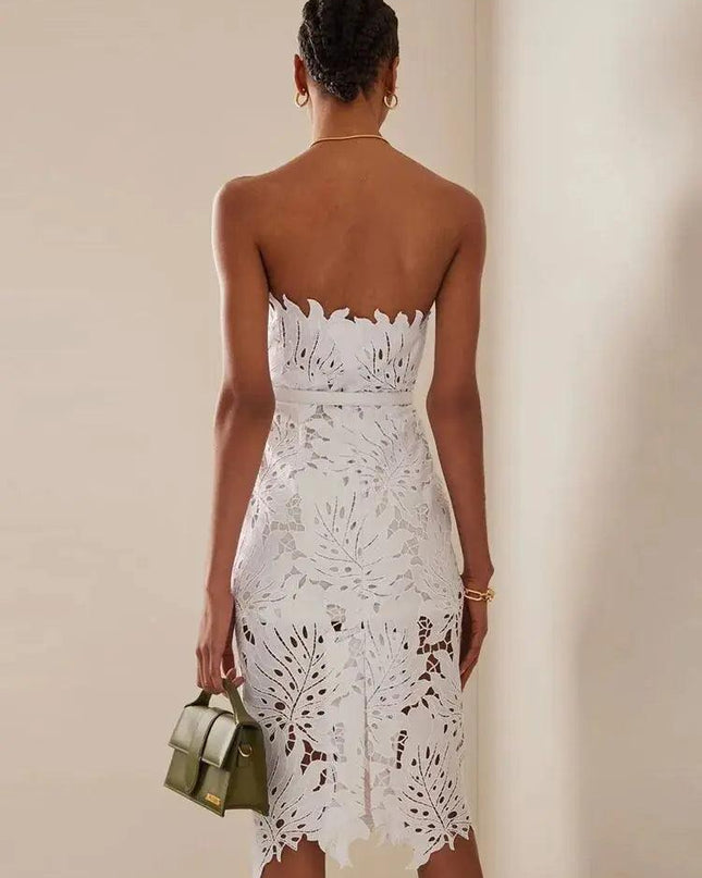 White Midi Dress Flower Cut-Out Elegant Celebrity Party Dress