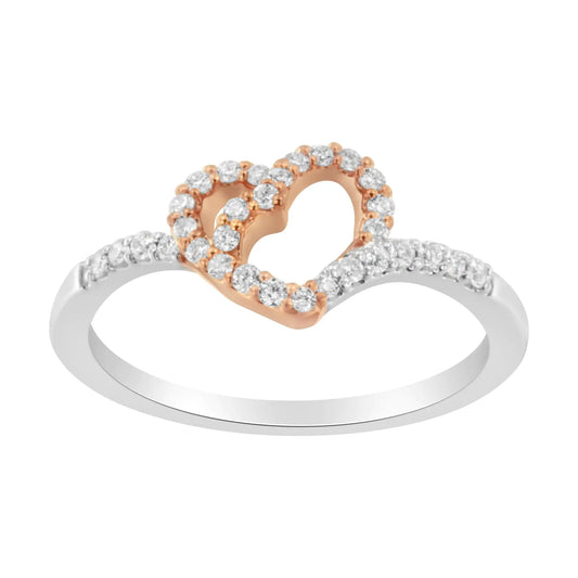 10K Rose Gold over .925 Sterling Silver 1/5 Cttw Diamond Two Tone Open Heart Promise or Fashion Ring (I-J Color, I2-I3 Clarity)