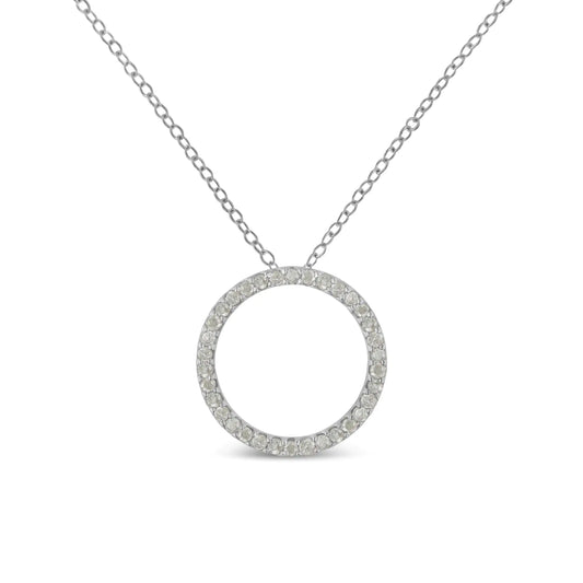 .925 Sterling Silver 3/4 Cttw Round-Cut Diamond Open Circle Halo 18" Pendant Necklace (I-J Color, I3 Clarity)