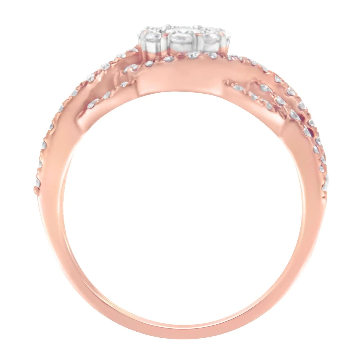 10K Rose Gold 3/4 Cttw Diamond Floral Cluster Head and Twisted Shank Cocktail  Ring (H-I Color, SI1-SI2 Clarity)-