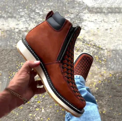 Retro Western Cowboy Boots with Side Zipper – Handwoven European-American Style