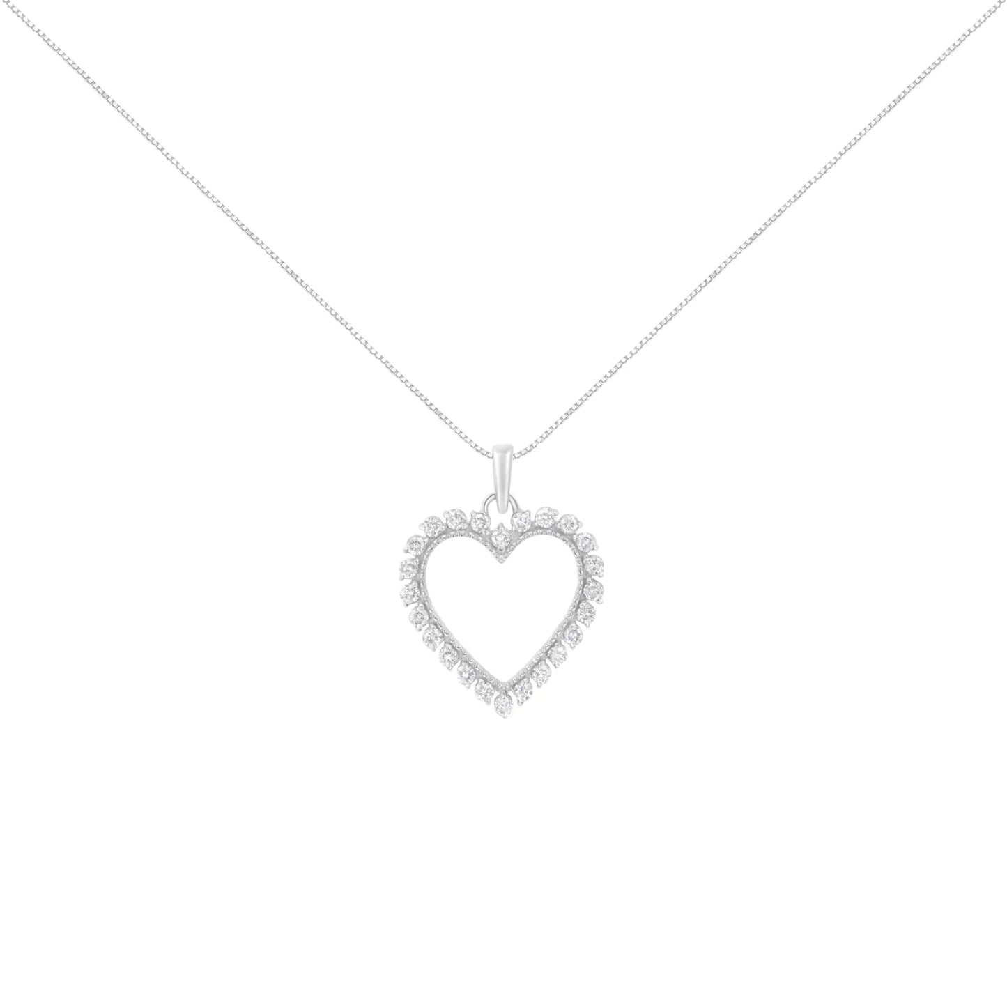 .925 Sterling Silver 1/2 Cttw Prong Set Diamond Encrusted Open Heart 18" Inch Pendant Necklace (I-J Color, I1-I2 Clarity)