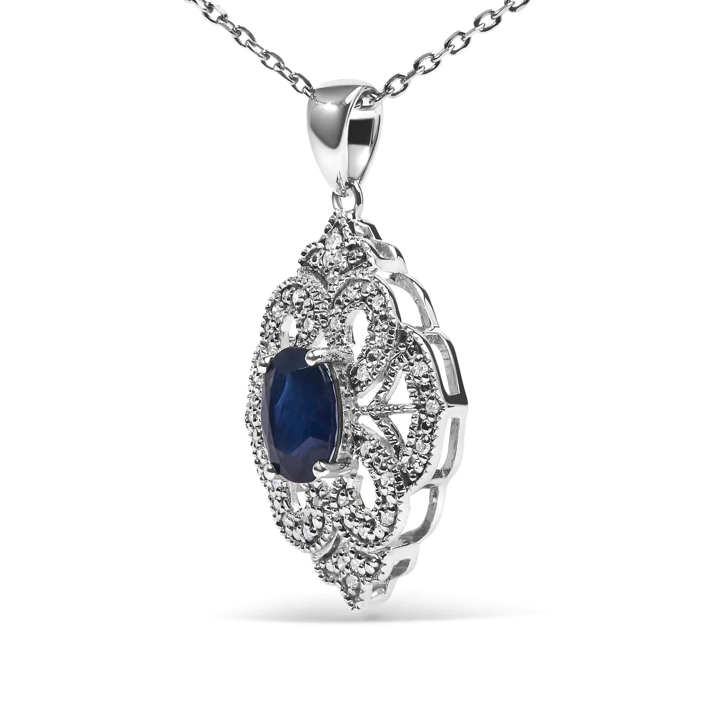 .925 Sterling Silver 7x5 MM Oval Blue Sapphire and Diamond Accent Art Deco Style Shield Shaped 18" Pendant Necklace (I-J Color, I3 Clarity)