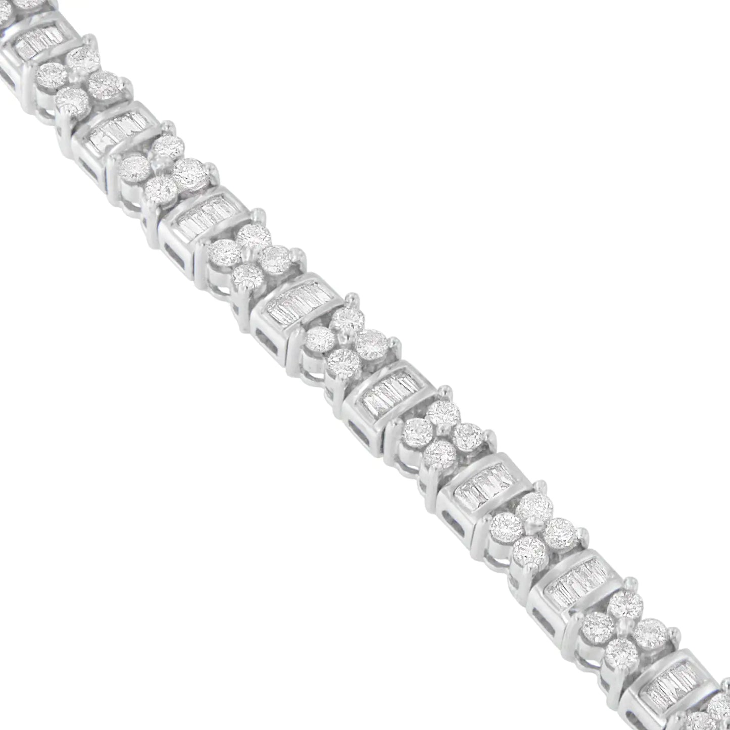 14K White Gold Round and Baguette Cut Floral Link Diamond Bracelet (4.00 cttw, H-I Color, SI2-I1 Clarity)