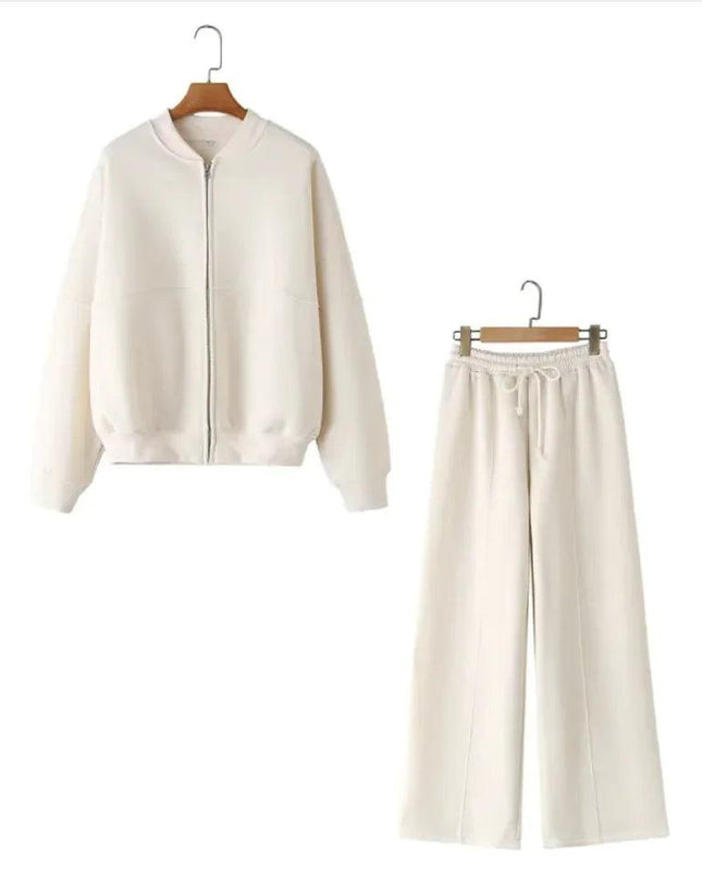 Zipper Bomber Jacket Coat Sweater Loose High Waist Flannel Pants