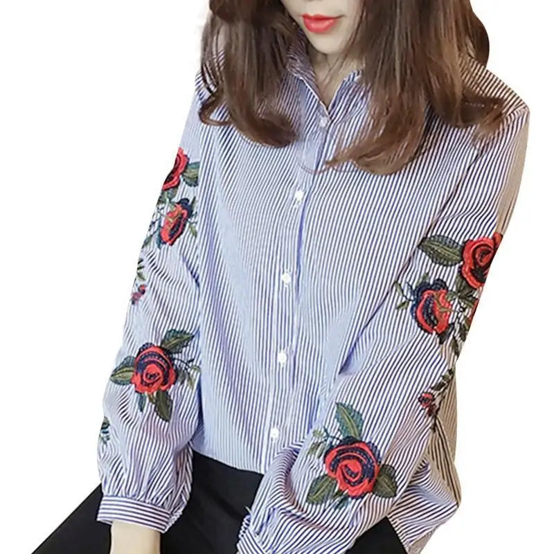 Stripe Embroidered Rose Shirt