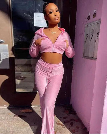 Hooded Coats Crop Tops+Flare Trousers