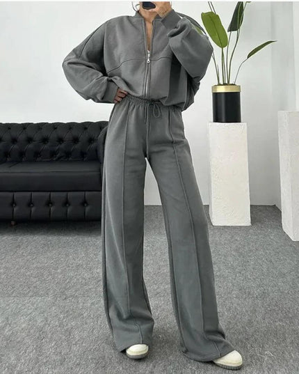 Solid Color Zip-Up Sweater and Casual Trousers Set