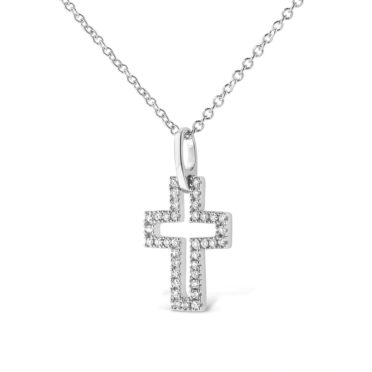 .925 Sterling Silver 1/10 cttw Pave-Set Round-Cut Diamond Open Cross 18" Pendant Necklace (I-J Color, I1-2 Clarity)