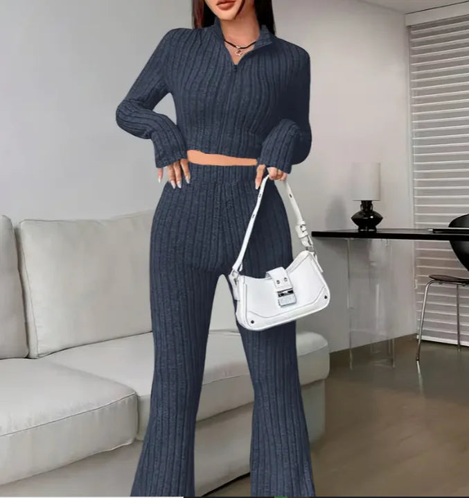 Solid Color Knitted Long Sleeve Trousers Suit