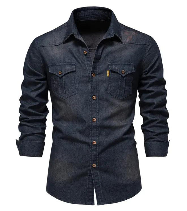 New Denim Men's Casual Solid Color Long Sleeve Shirt