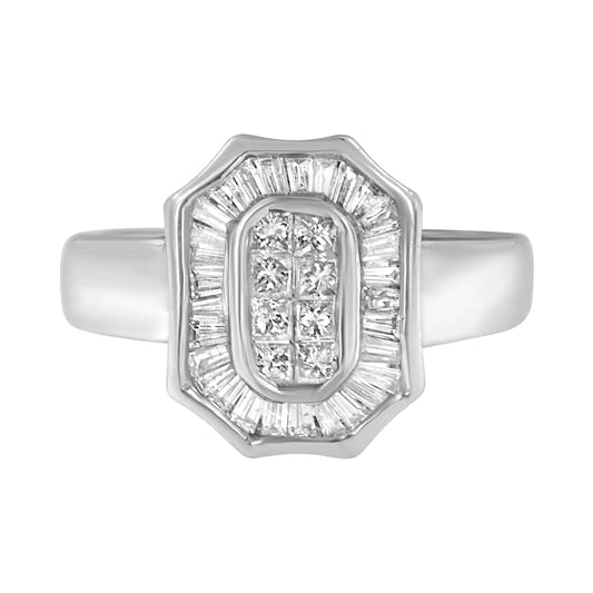 14K White Gold 1.00 Cttw Baguette and Princess-Cut Diamond Cocktail Art Deco Style Ring (H-I Color, SI1-SI2 Clarity)