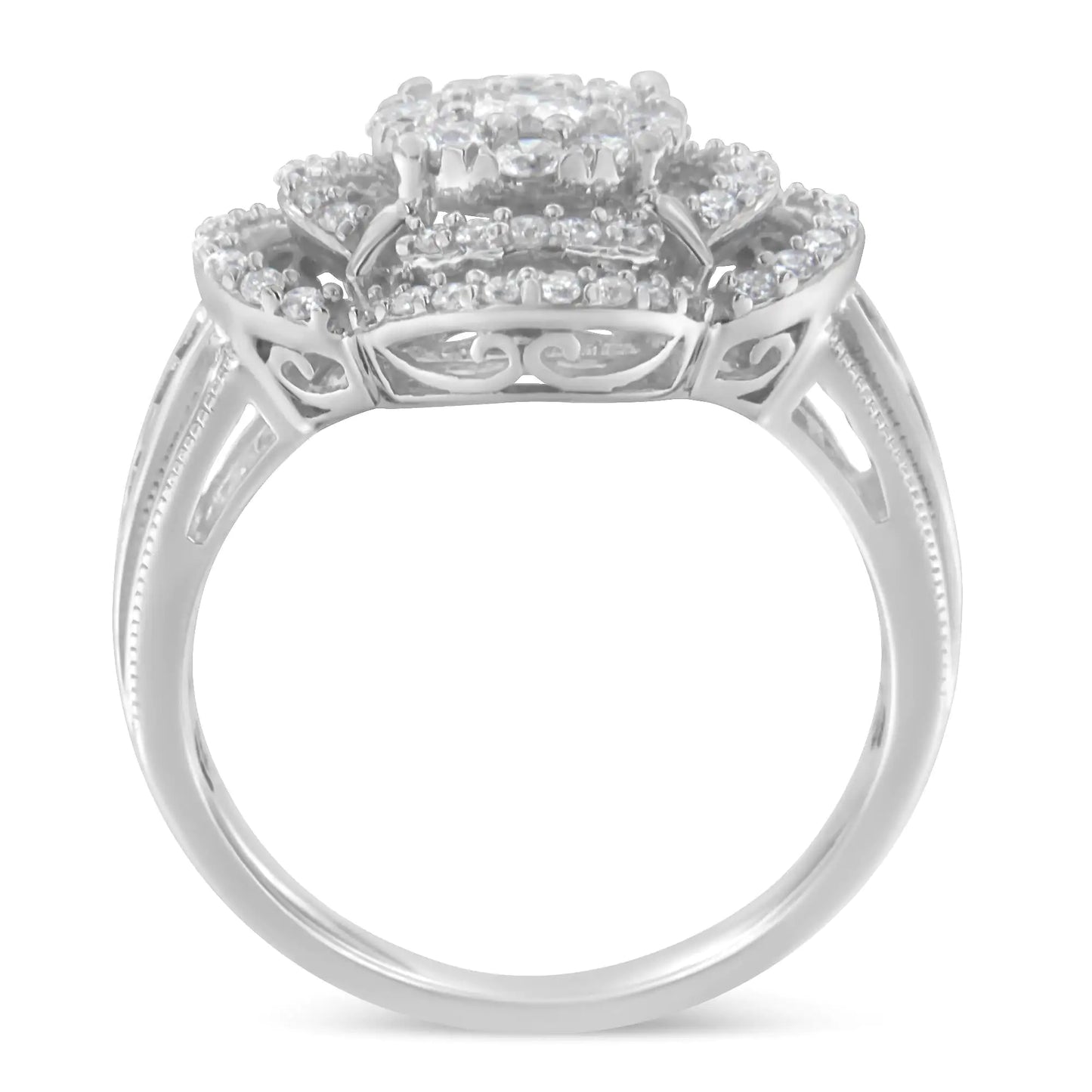 14K White Gold 1.0 Cttw Round & Baguette Cut Diamond Floral Cluster Quatrefoil Channel Set Band Cocktail Statement Ring (H-I Color, SI2-I1 Clarity)