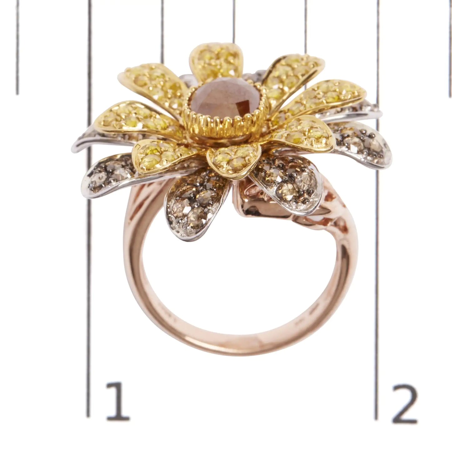 14K Tri-Toned 3 7/8 Cttw Rose Cut Diamond Cocktail Double Flower and Petal Cocktail Ring (Fancy Color, I1-I2 Clarity) - Size 7