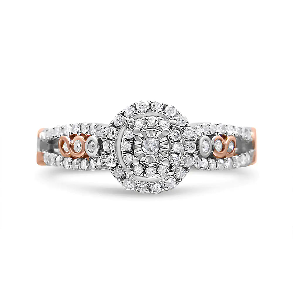 14K Rose Gold Plated .925 Sterling Silver 1/2 Cttw Round Diamond Double Frame Cross-Over Split Shank Engagement Ring (I-J Color, I2-I3 Clarity)