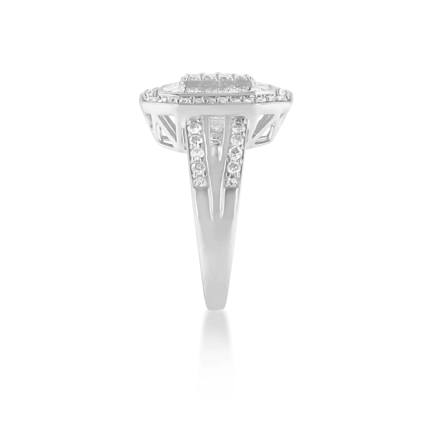 .925 Sterling Silver Round and Baguette Diamond Cathedral Ring (0.75 Cttw, H-I Color, I2-I3 Clarity)