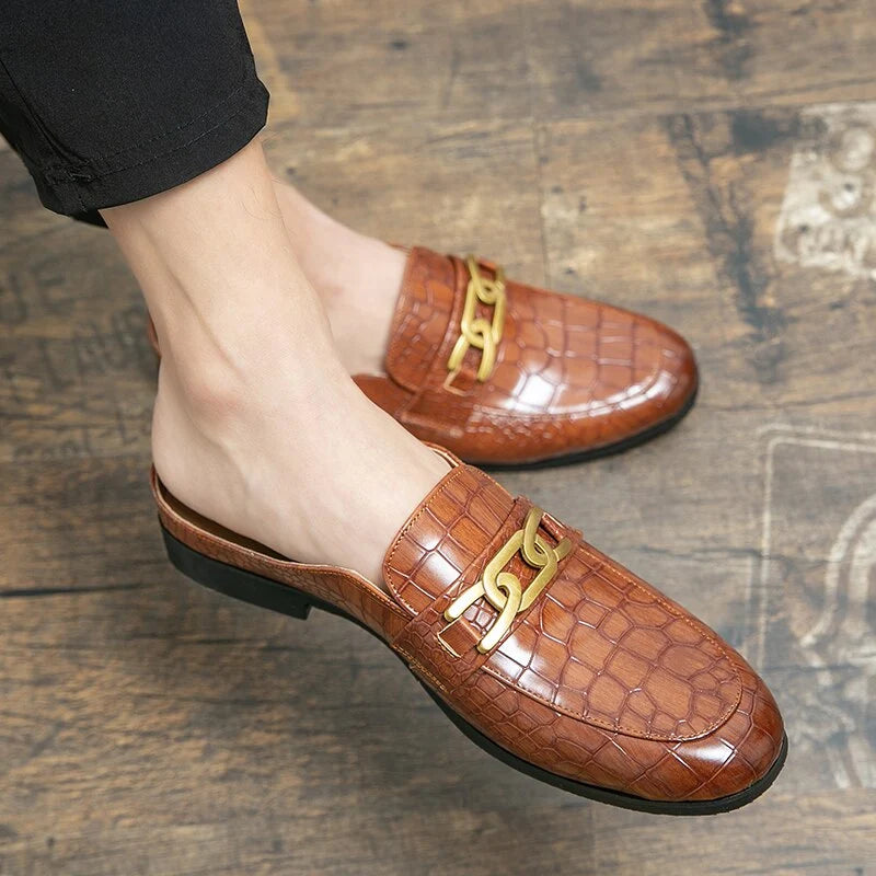 Crocodile Pattern Leather Mules Slippers for Men