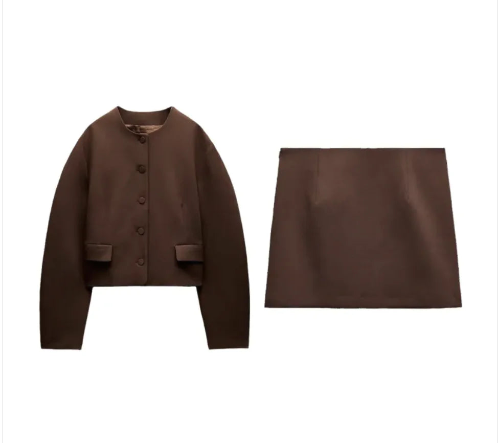 Slim-Fit Stand Collar Jacket & Skirt Set