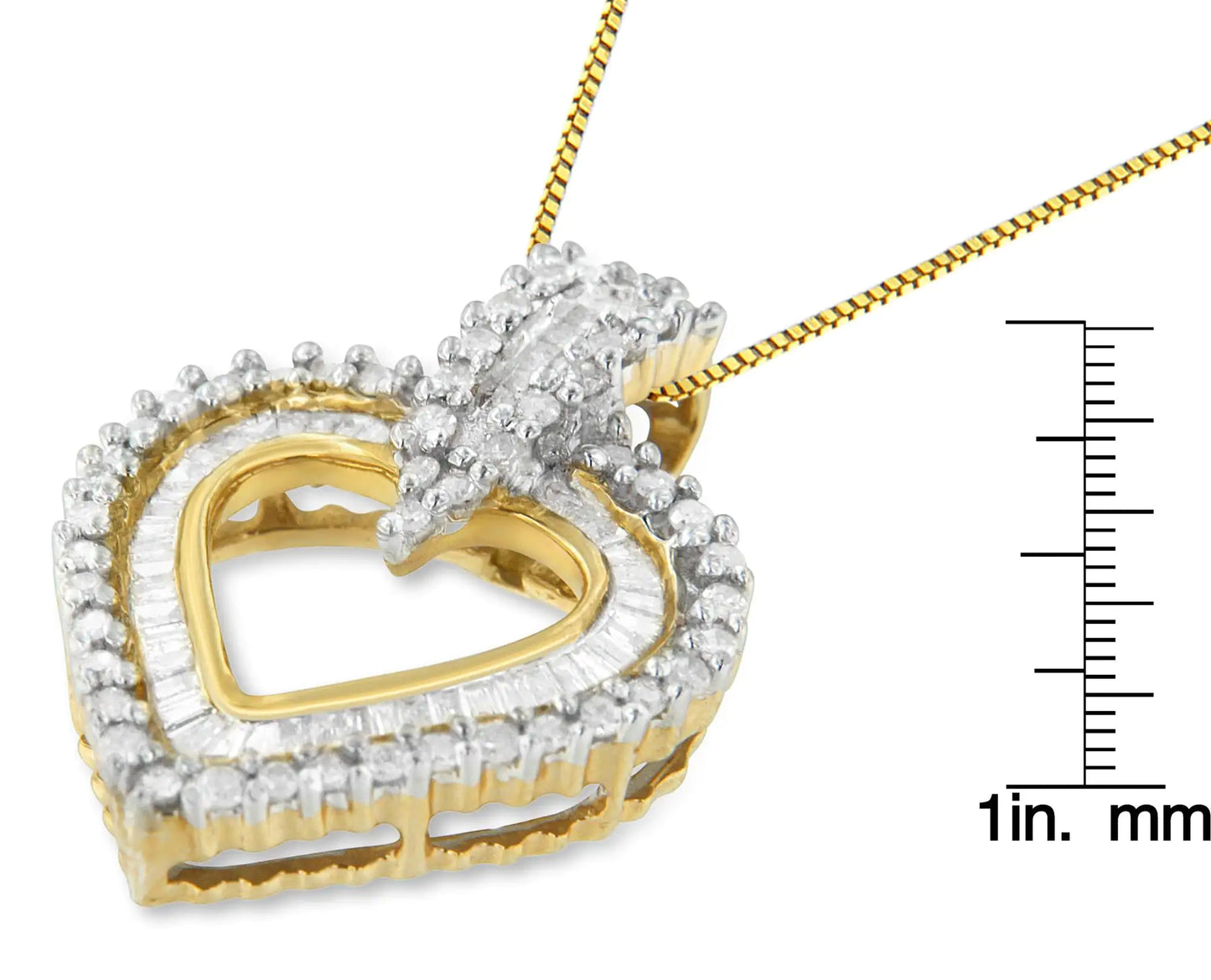 10K Yellow Gold Round and Baguette Cut Diamond Heart Shaped Pendant Necklace (1 cttw, H-I Color, I2-I3 Clarity)