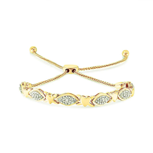 14K Yellow Gold Plated .925 Sterling Silver Diamond Accent Alternating Marquise Shape and Heart Links Bolo Bracelet (I-J Color, I3 Clarity) - Adjustable 6" to 9"