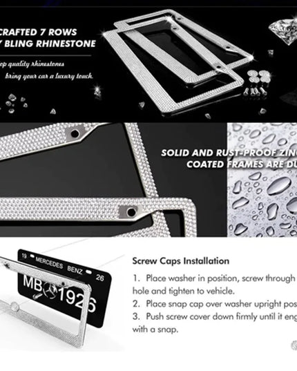 2PCS Bling License Plate Frame Glitter Crystal Sparkling Rhinestone Diamond Caps