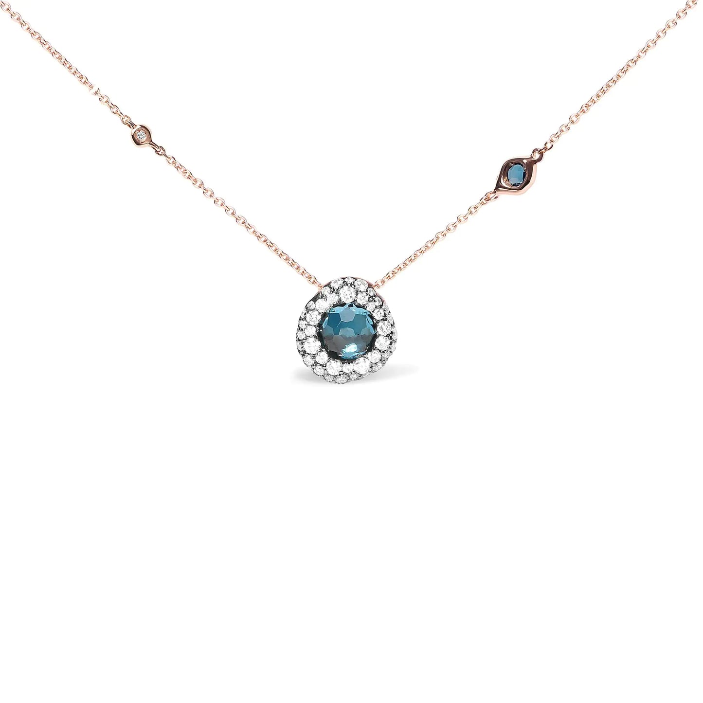 18K Rose Gold 5/8 Cttw Diamond and London Blue Topaz Gemstone Bezel-Set Cluster 18" Station Necklace (G-H Color, SI1-SI2 Clarity) - Adjustable up to 16" - 18"