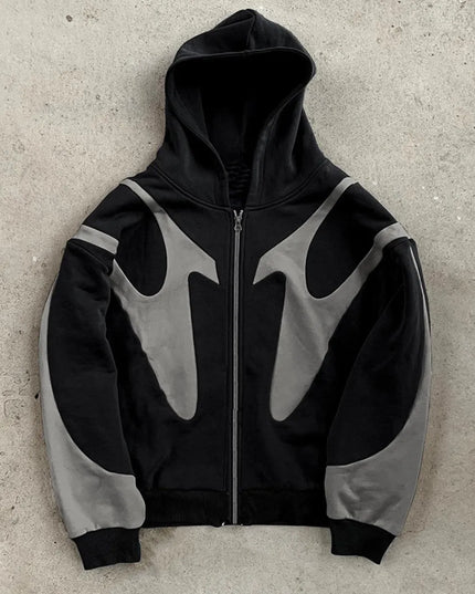 Pattern Stitching Hooded Zipper Sweater