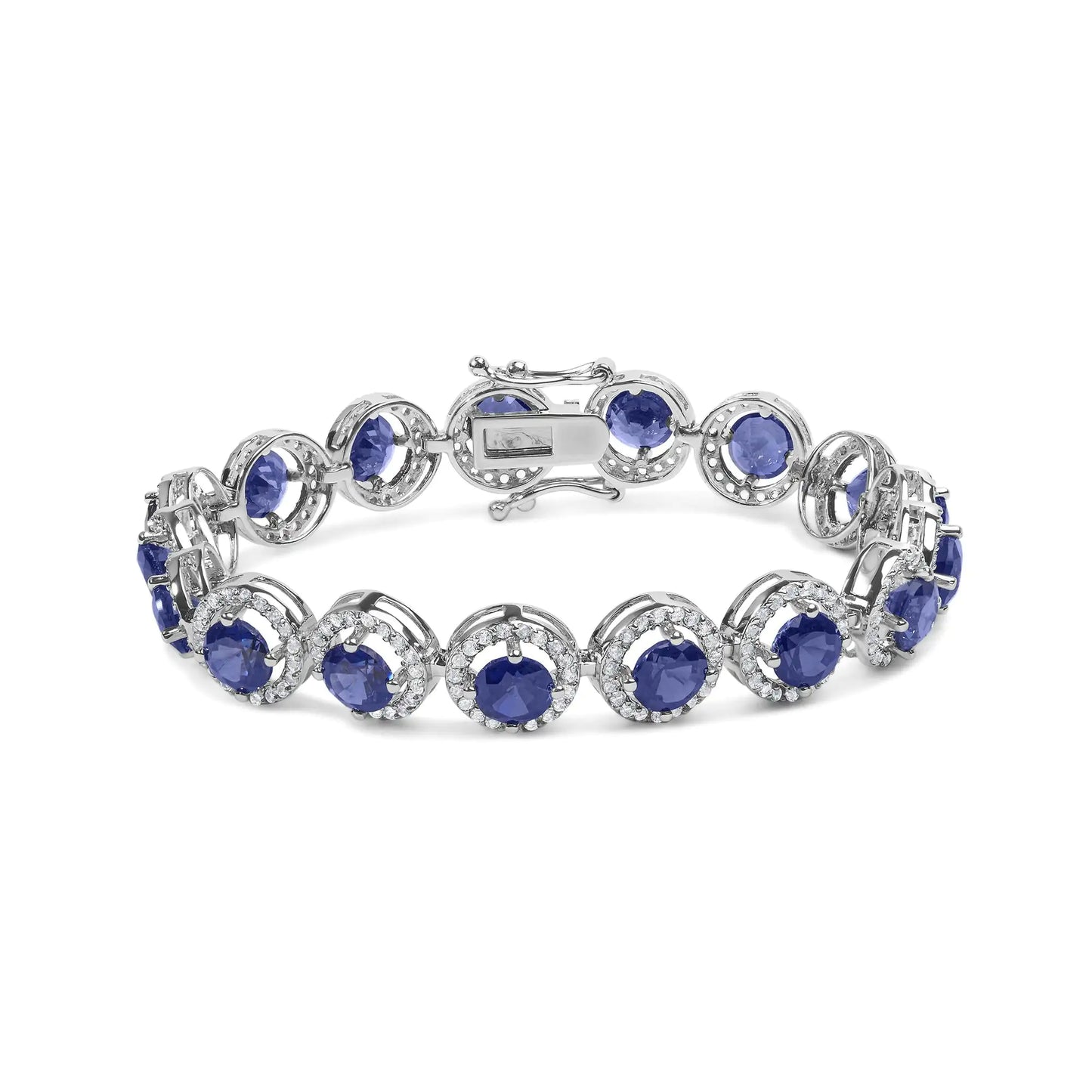 .925 Sterling Silver 21.0 Cttw Created Blue Sapphire and White Topaz Halo Link Bracelet - 7.25 inch