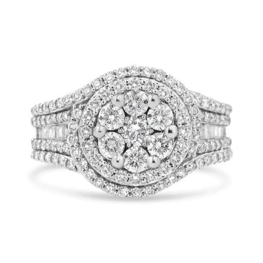 14K White Gold 1 1/2 Cttw Diamond Floral Cluster and Studded Shank Halo Ring (H-I Color, SI2-I1 Clarity)