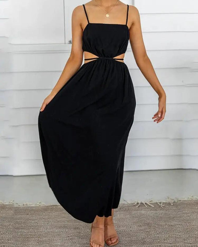 Lace-up Waist Collar Sling Cotton and Linen Dress