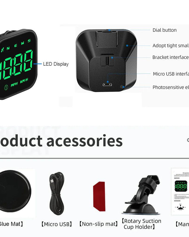 Digital Car HUD GPS Speedometer Head Up Display MPH KMH Compass Overspeed Alarm