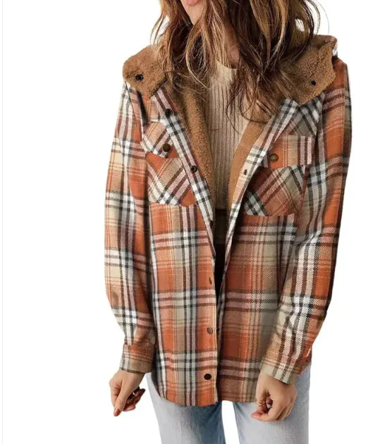 Casual Plaid Hooded Woolen Coat Thickened Fleece-lined Warm Jacket