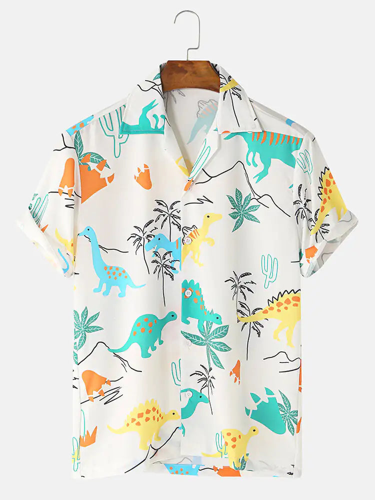 Cartoon Dinosaur Animal Printed Short Sleeve Casual Shirts