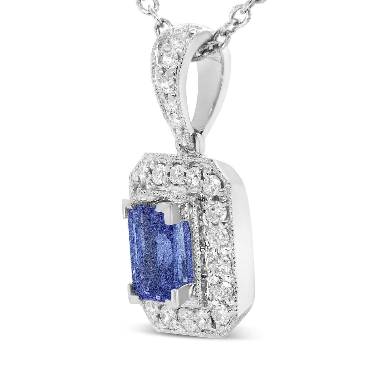 18K White Gold 1/4 Cttw Round Diamond and 6x4mm Purple Tanzanite Halo 18" Pendant Necklace (H-I Color, VS1-VS2 Clarity)